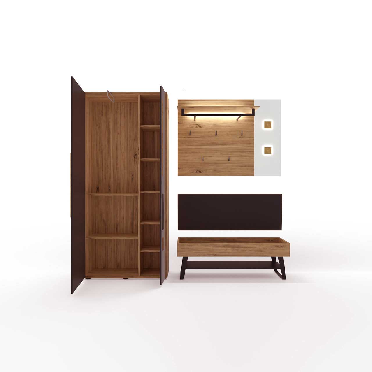Computergeneriertes Bild einer Garderobe aus massivem hellem Holz mit geöffnetem Hochschrank mit Einlegeböden, Wandpaneel mit Kleiderstange und Haken und einer offener Sitzbank mit sichtbarem Stauraumfach auf Metallkufen mit Metallablage.
