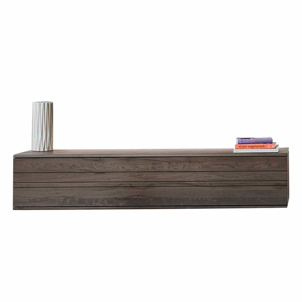 Modernes Hängelowboard aus massiver dunkelbrauner Altholzbuche Uyaa mit edler, sichtbarer Holzmaserung.