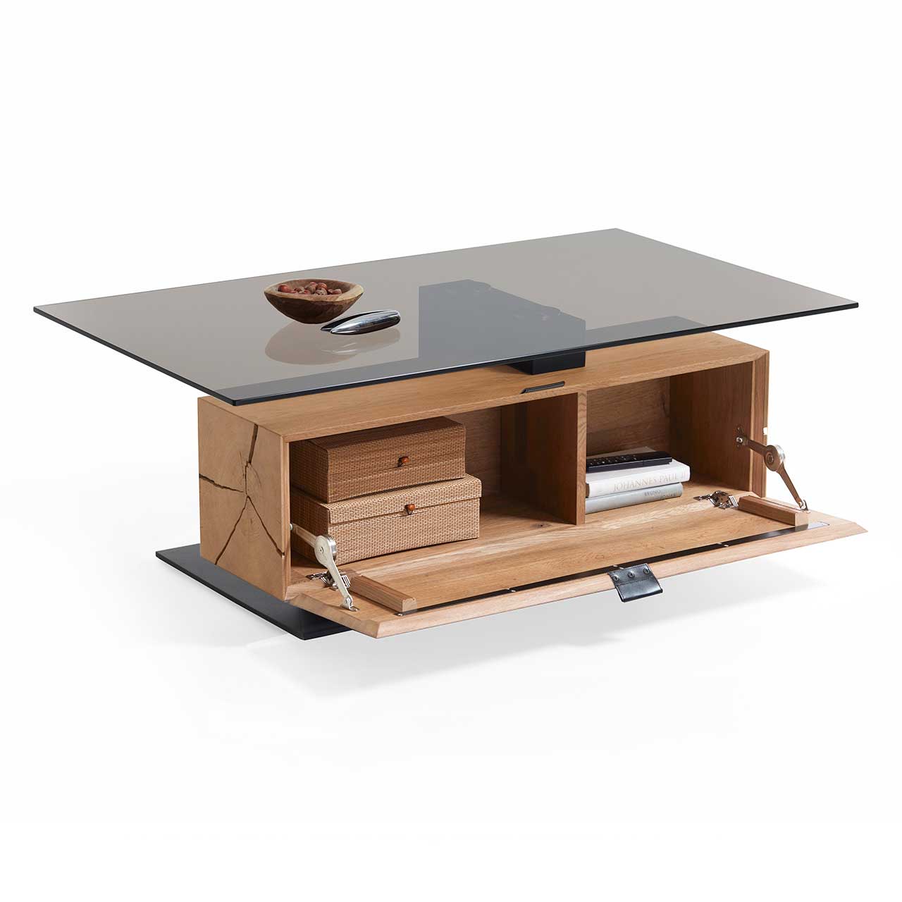 Hartmann NATURWERKE - Couchtisch 7100C-0481 - offen Moderner Couchtisch mit rechteckiger Glasplatte und Hirnholzblock aus massiver Kerneiche mit offener Klappe mit Blick aufs Stauraumfach.
