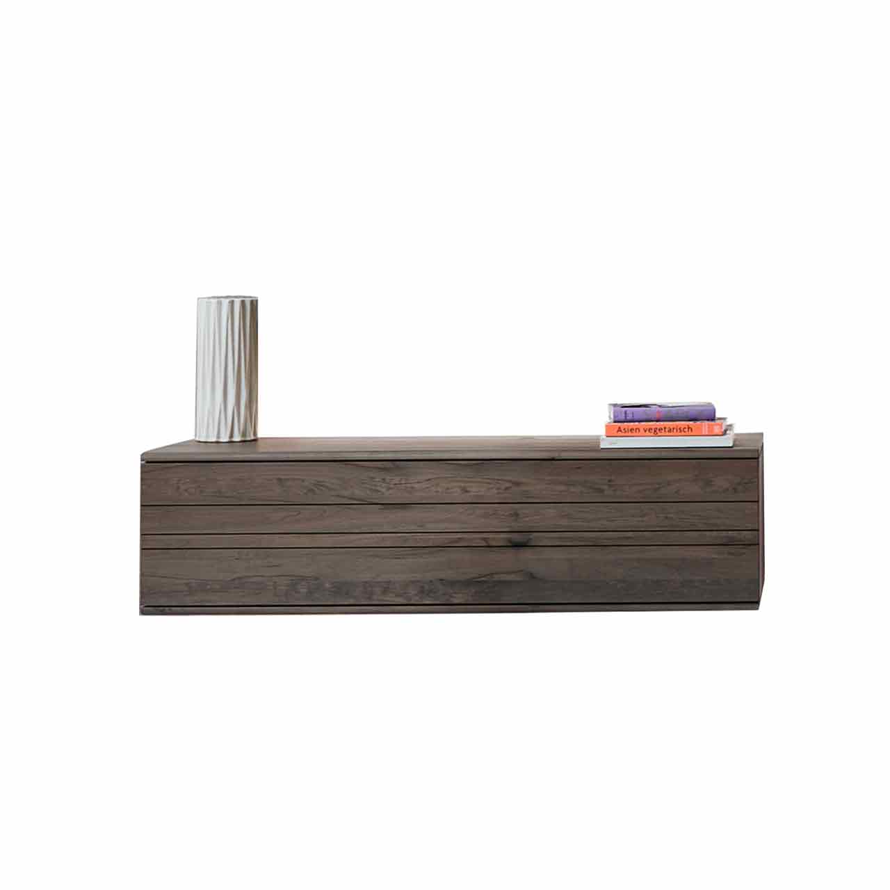 Modernes Hängelowboard aus massiver dunkelbrauner Altholzbuche Uyaa mit edler, sichtbarer Holzmaserung.